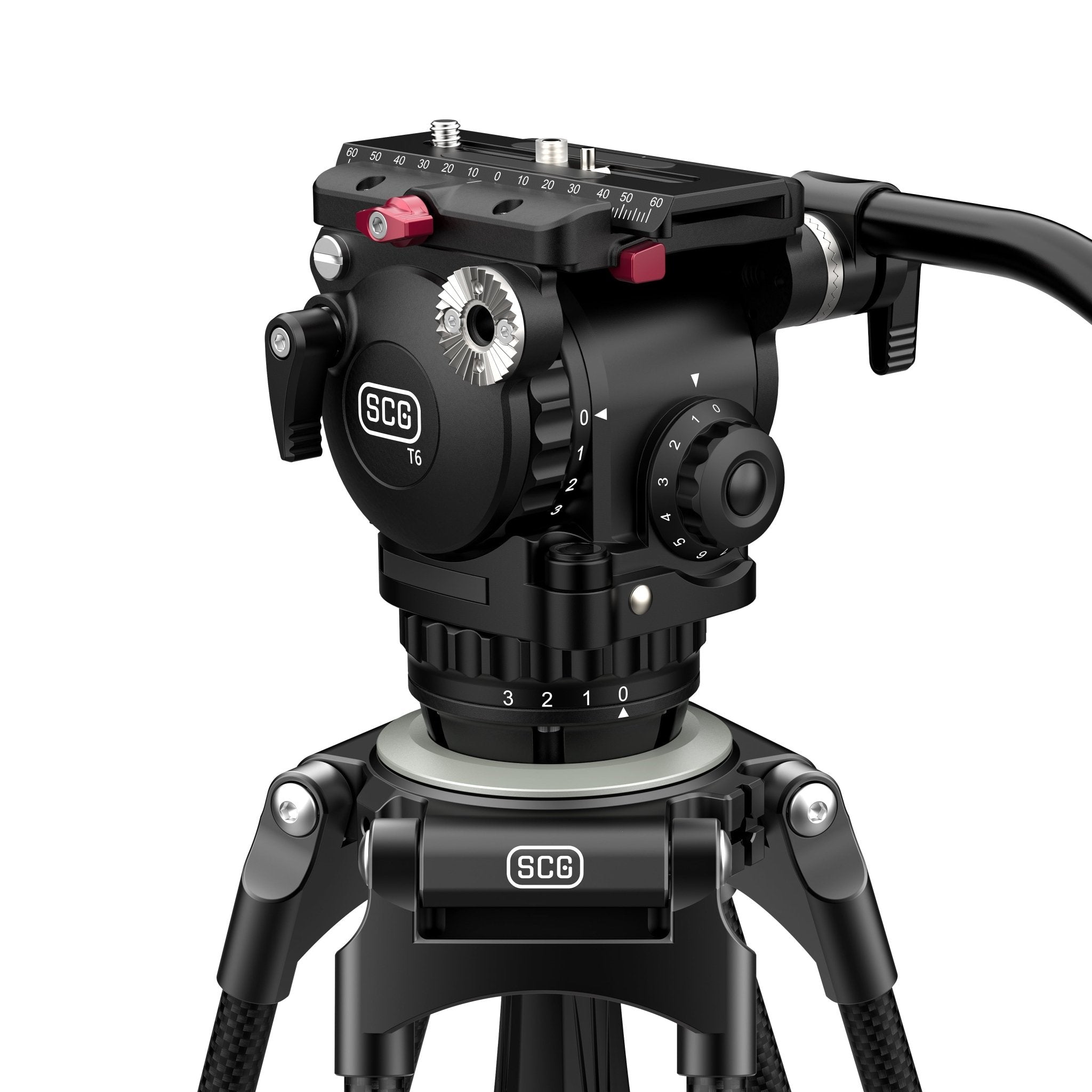 SCG T6 StediFast HD Tripod System Fluid Video Head with illuminated bubble level.